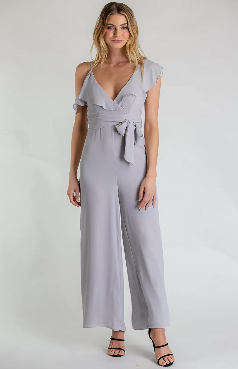 Asymmetrical Neckline Jumpsuit with Self Fabric Belt (SJP432A) 