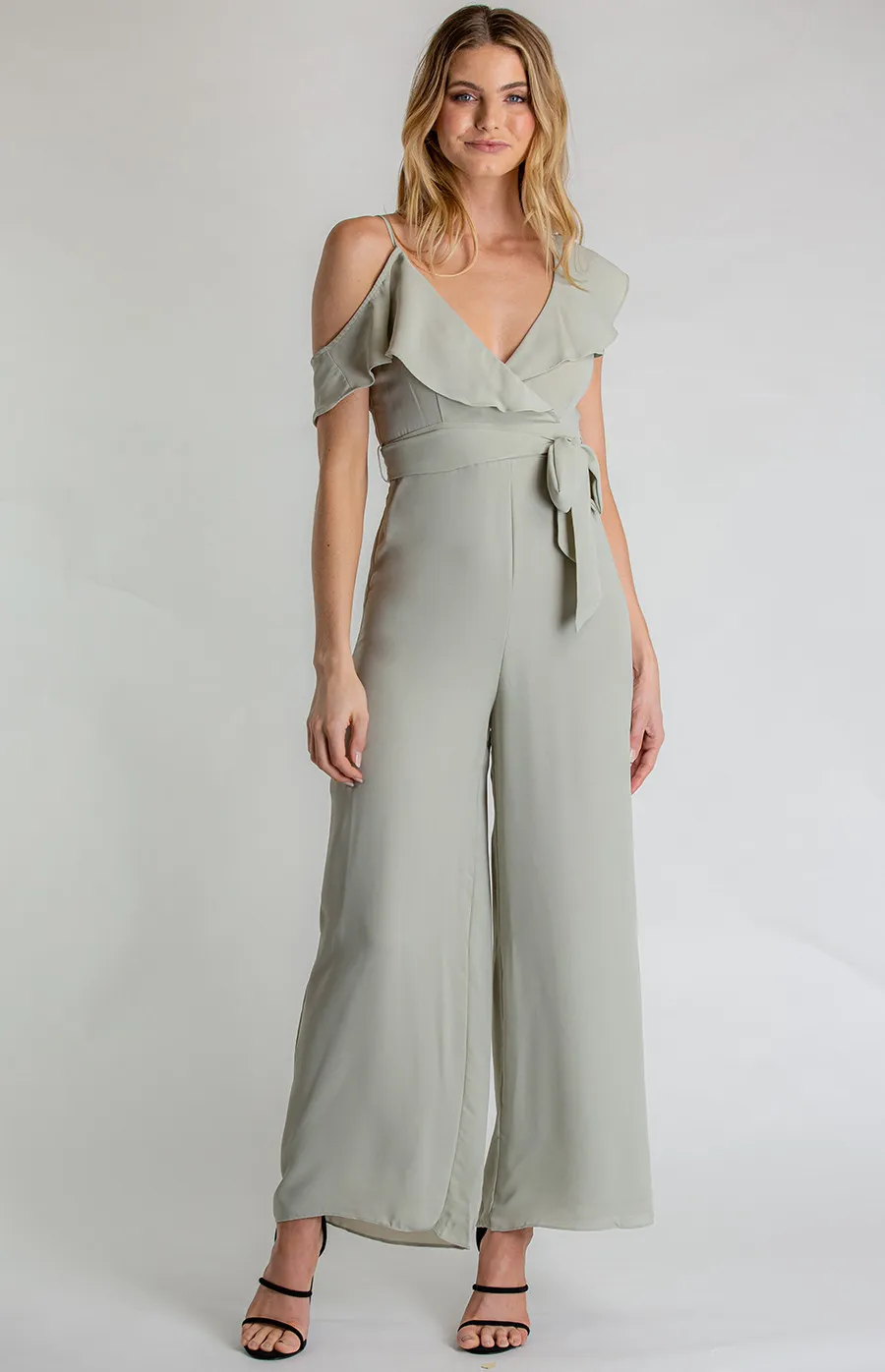 Asymmetrical Neckline Jumpsuit with Self Fabric Belt (SJP432A) 