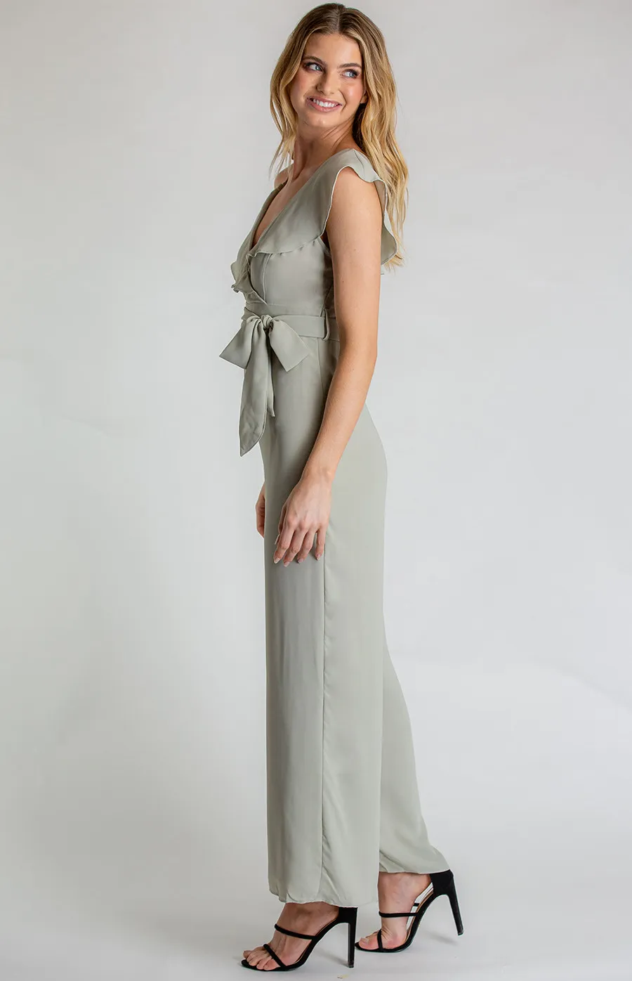 Asymmetrical Neckline Jumpsuit with Self Fabric Belt (SJP432A) 