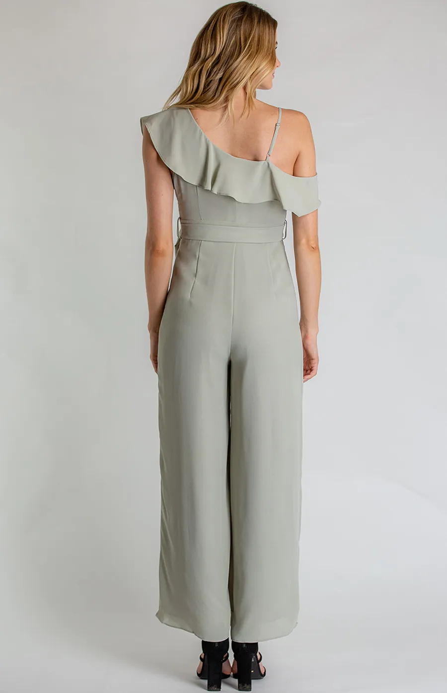 Asymmetrical Neckline Jumpsuit with Self Fabric Belt (SJP432A) 