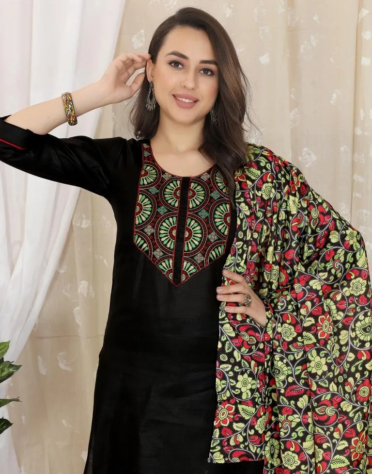 Black Cotton Embroidery Straight Kurta With Pant And Dupatta