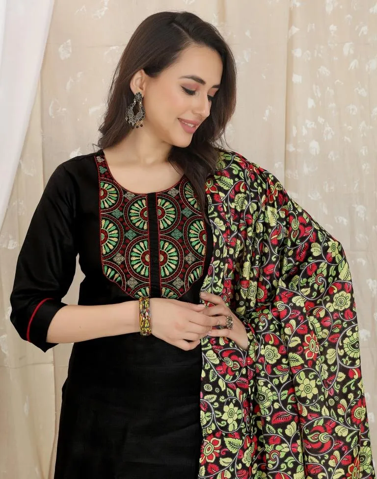 Black Cotton Embroidery Straight Kurta With Pant And Dupatta