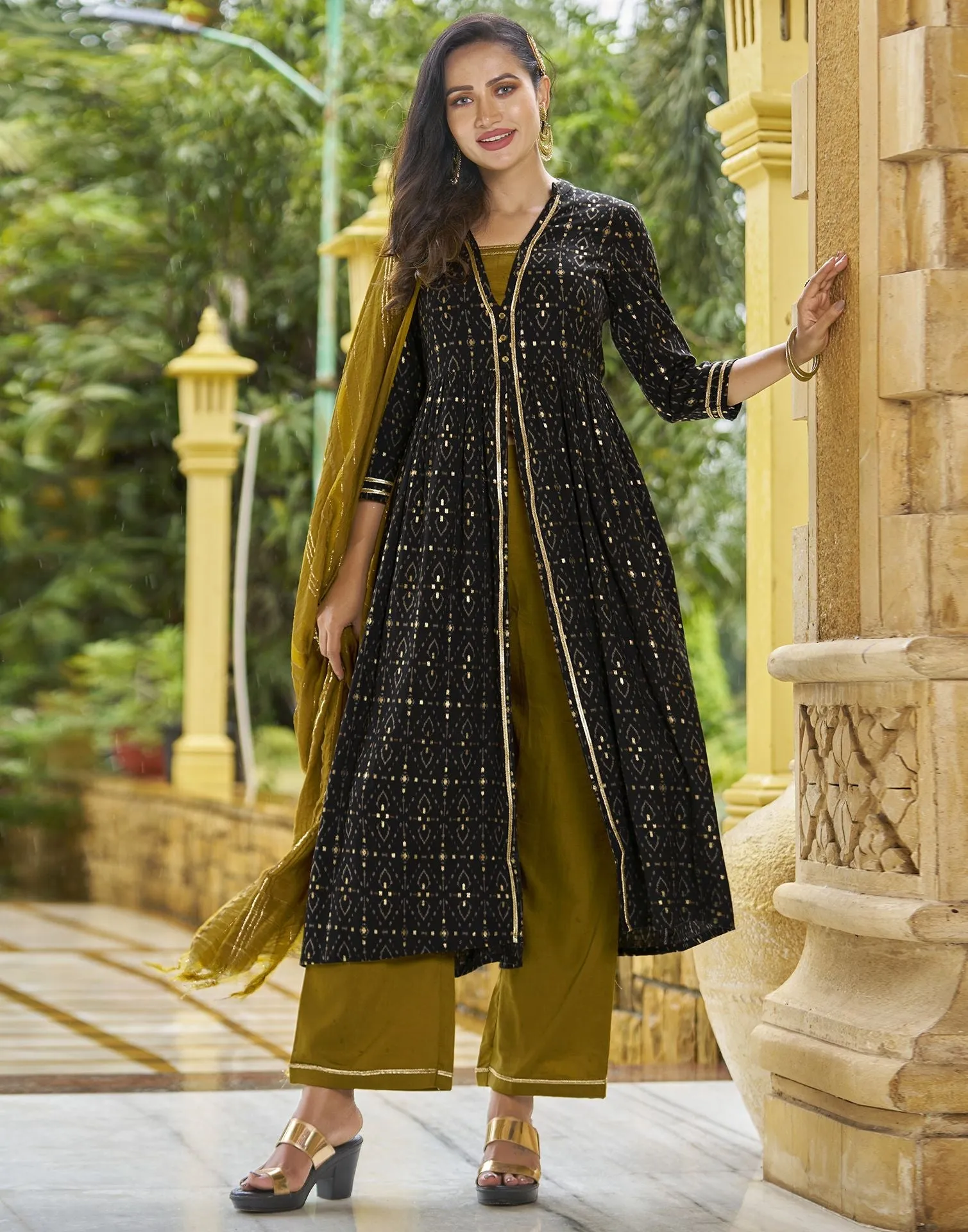 Black Printed Cotton A-Line Kurta With Pant And Dupatta