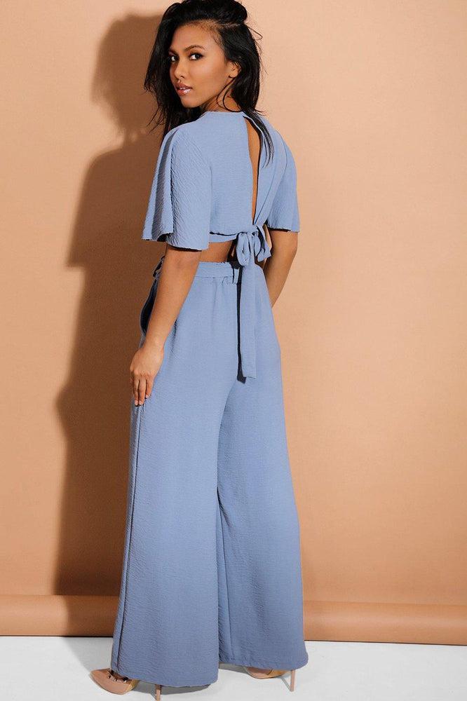 Blue Back Tie Crop Top And Palazzo Trousers Set