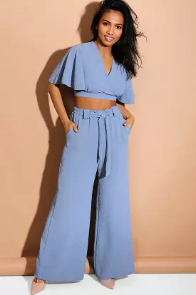 Blue Back Tie Crop Top And Palazzo Trousers Set