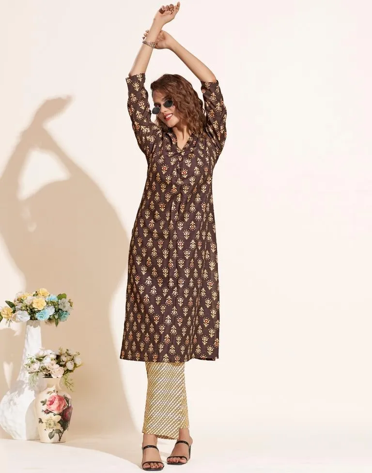 Brown Printed Cotton Kurta With Pant