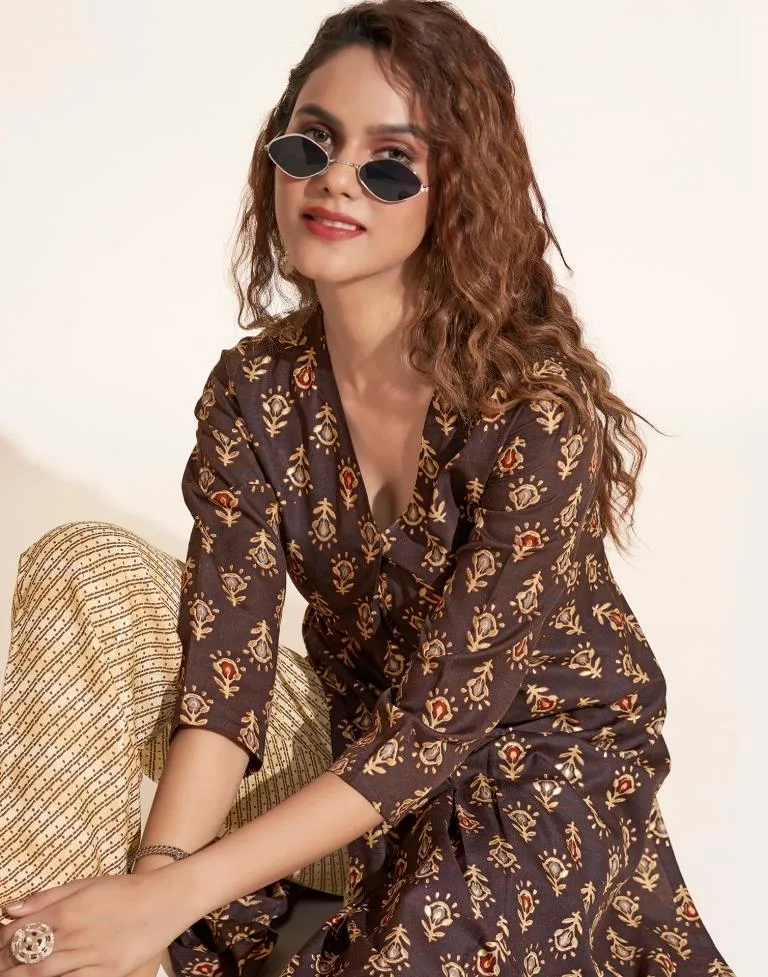 Brown Printed Cotton Kurta With Pant