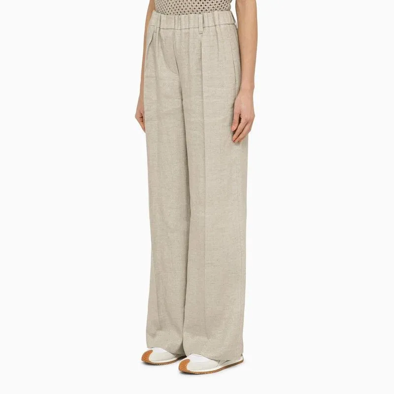 BRUNELLO CUCINELLI Light Grey Linen Palazzo Trousers for Women - Elastic Waistband, Pockets, Belt Loops