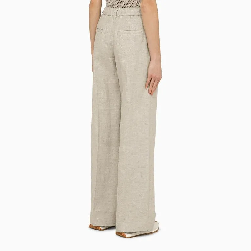 BRUNELLO CUCINELLI Light Grey Linen Palazzo Trousers for Women - Elastic Waistband, Pockets, Belt Loops