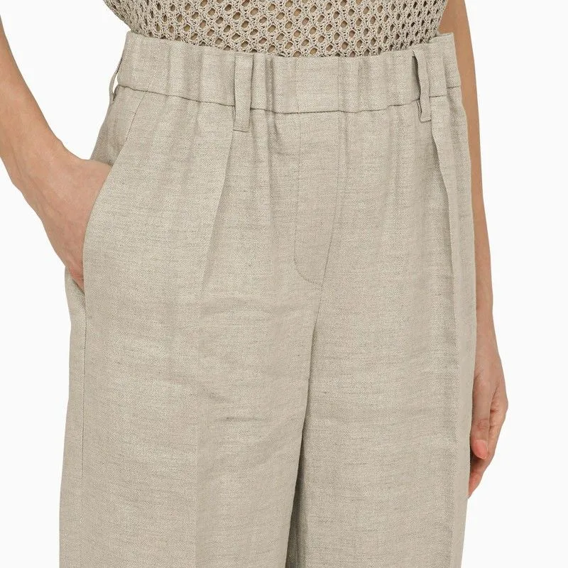 BRUNELLO CUCINELLI Light Grey Linen Palazzo Trousers for Women - Elastic Waistband, Pockets, Belt Loops