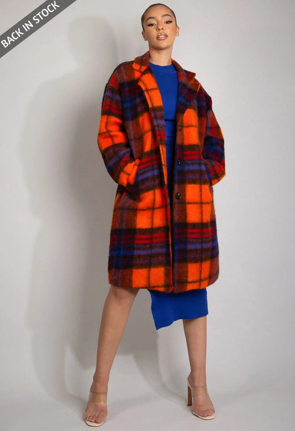 Coral Tartan Check Wool Blend Coat