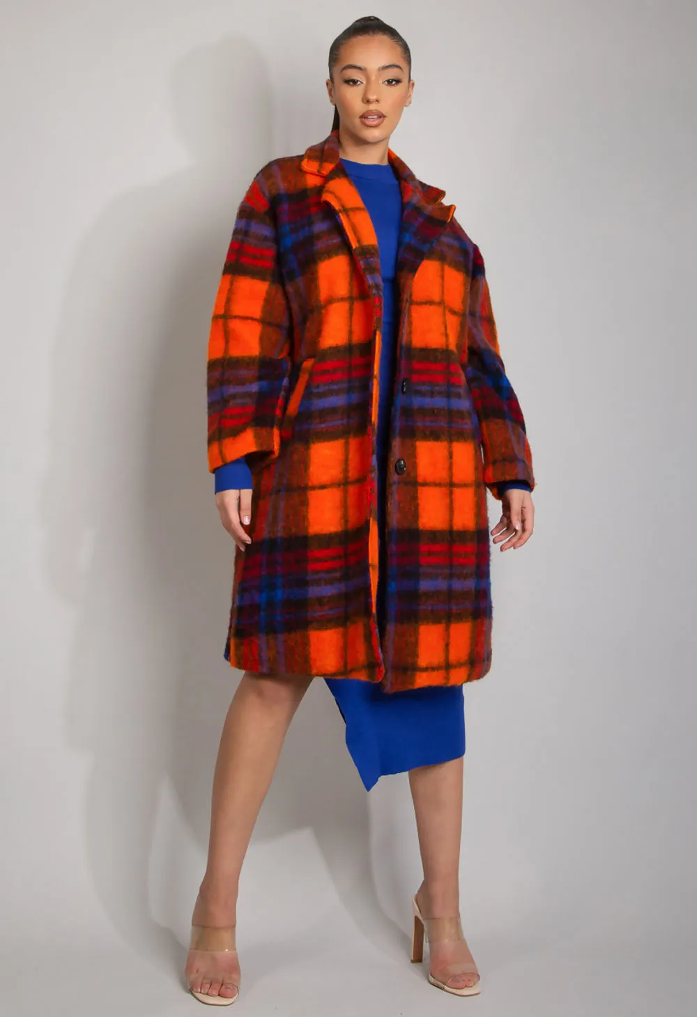 Coral Tartan Check Wool Blend Coat