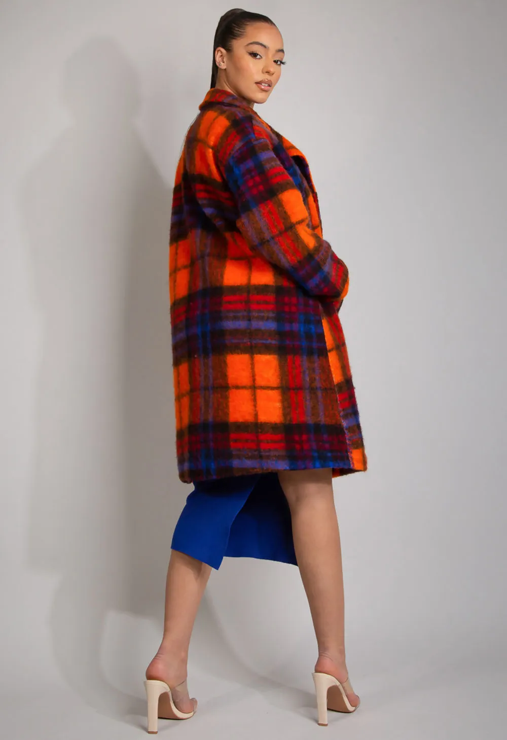 Coral Tartan Check Wool Blend Coat