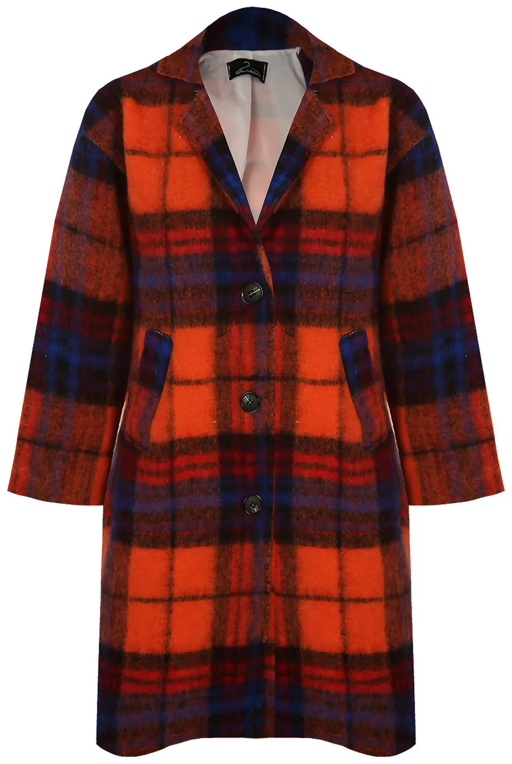 Coral Tartan Check Wool Blend Coat