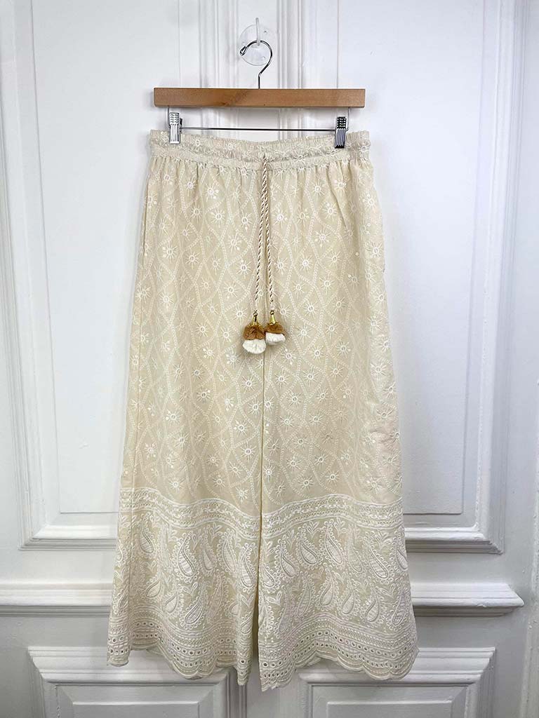 Embroidered Sequin Palazzo Trousers - Stone