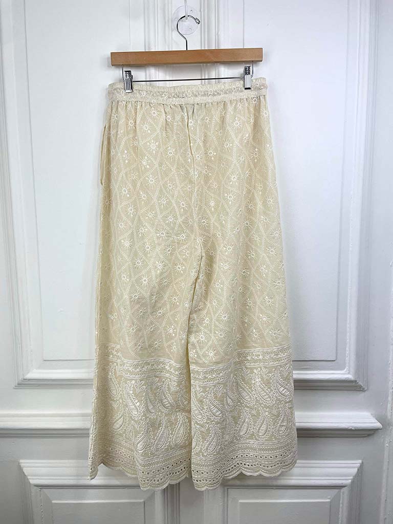 Embroidered Sequin Palazzo Trousers - Stone