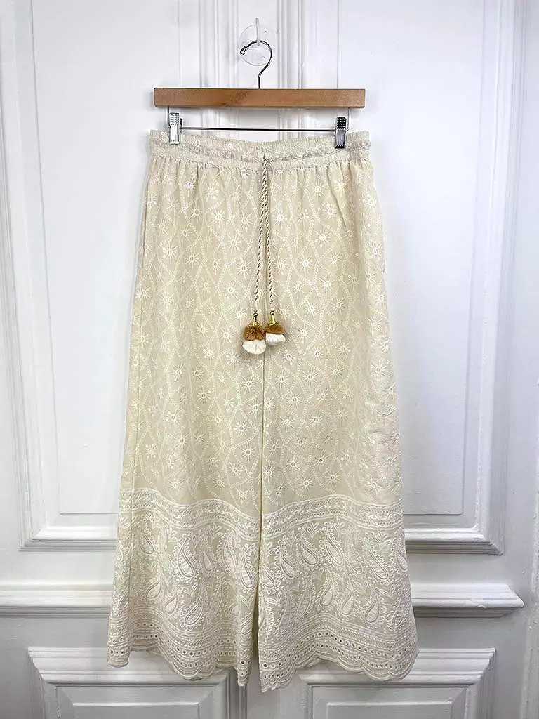 Embroidered Sequin Palazzo Trousers - Stone