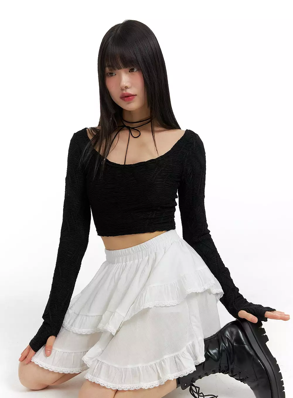 Frill-Banded Lace Mini Skirt CF422