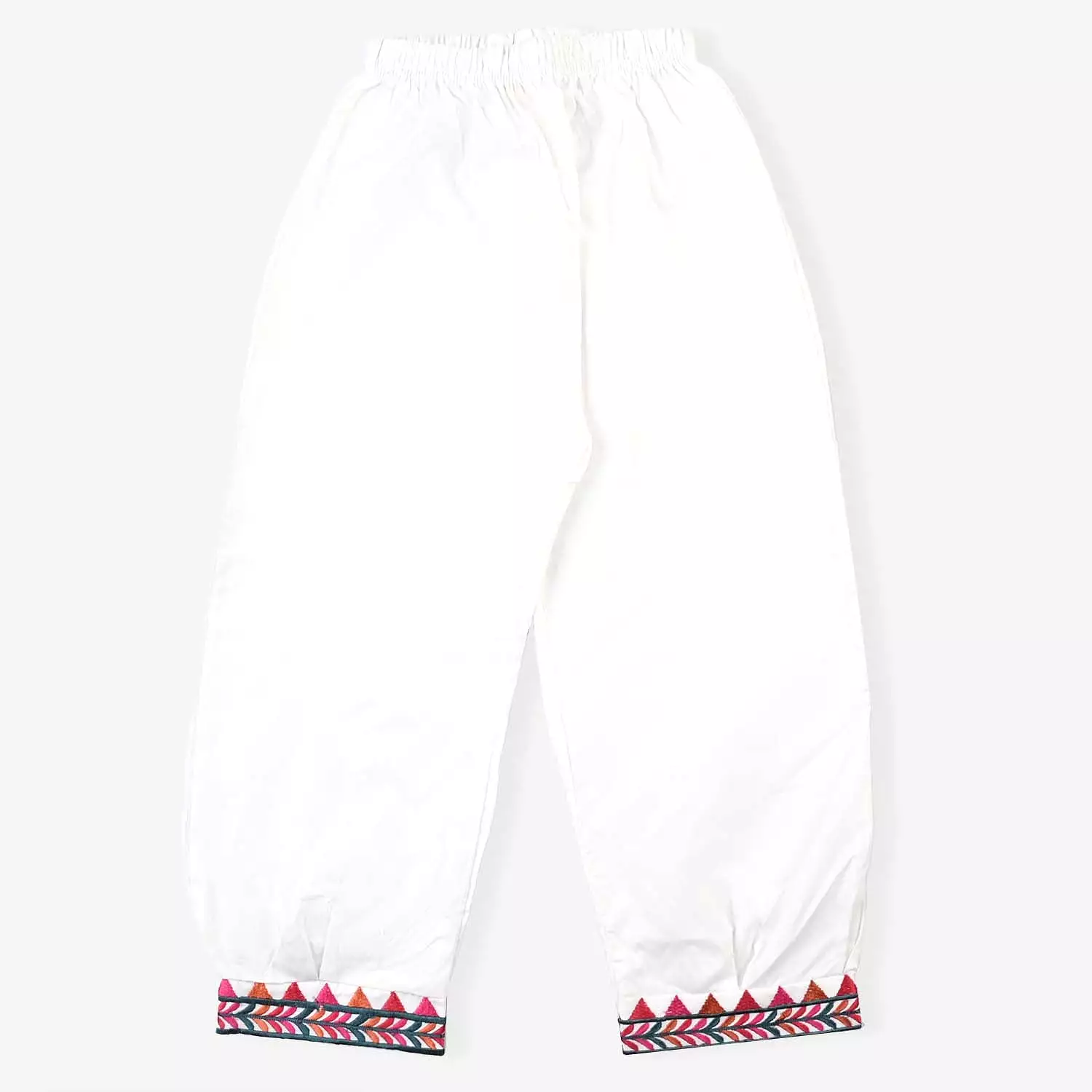 Girls Cotton Embroidered Pant-White