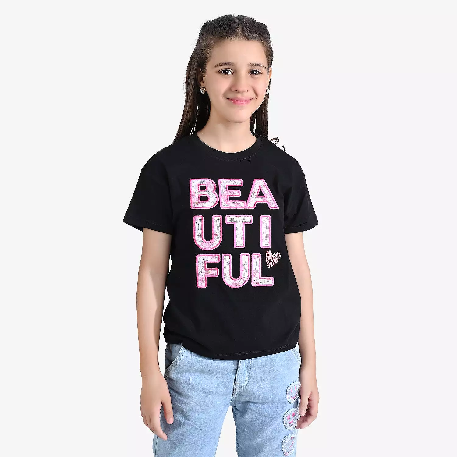 Girls Cotton Jersey T-Shirt H/S Beautiful-Jet Black