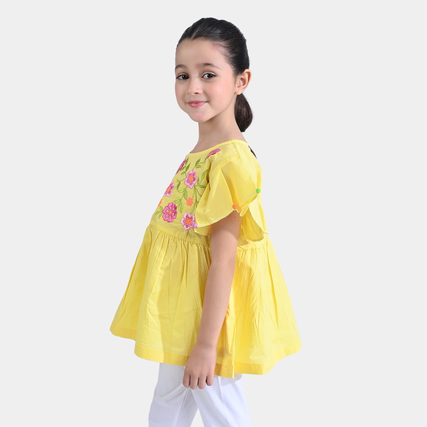 Girls Cotton Slub EMB Top Blazing Florals-B.Yellow