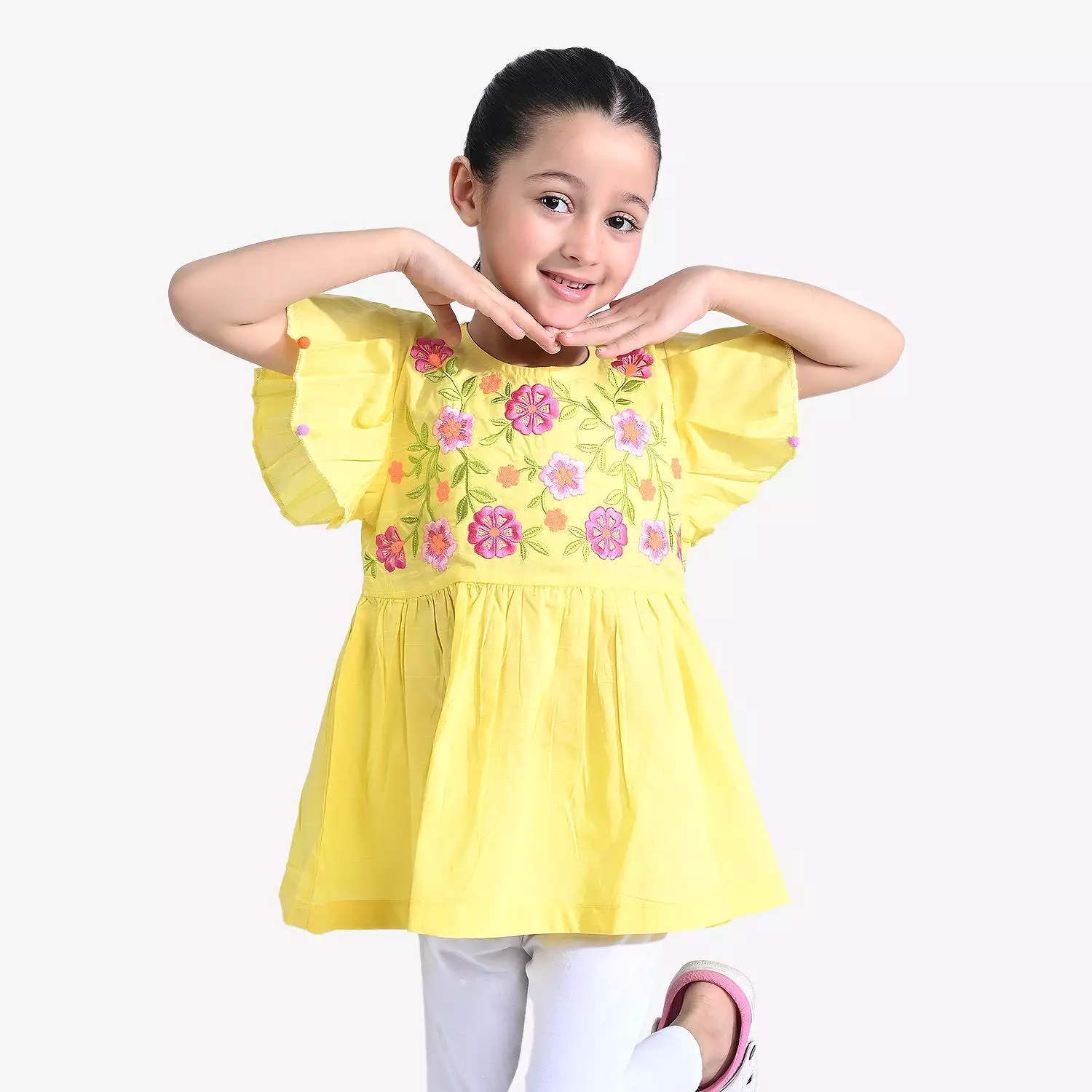 Girls Cotton Slub EMB Top Blazing Florals-B.Yellow