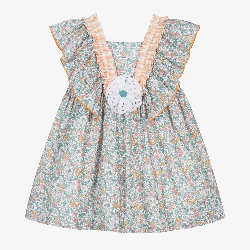 Girls Green Floral Cotton & Linen Dress