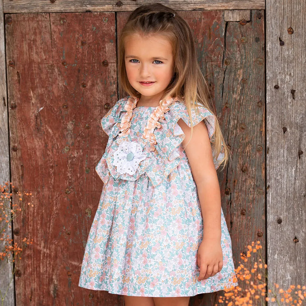 Girls Green Floral Cotton & Linen Dress