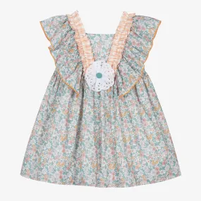 Girls Green Floral Cotton & Linen Dress