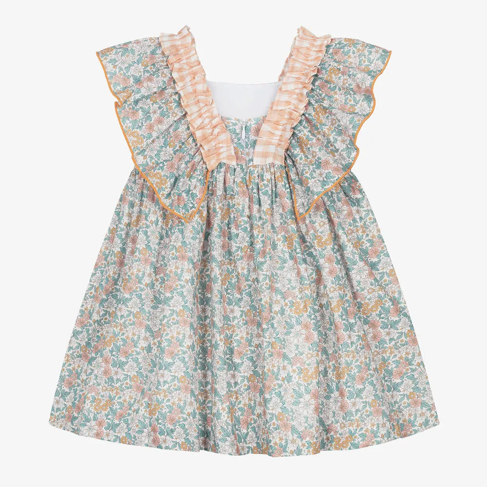 Girls Green Floral Cotton & Linen Dress