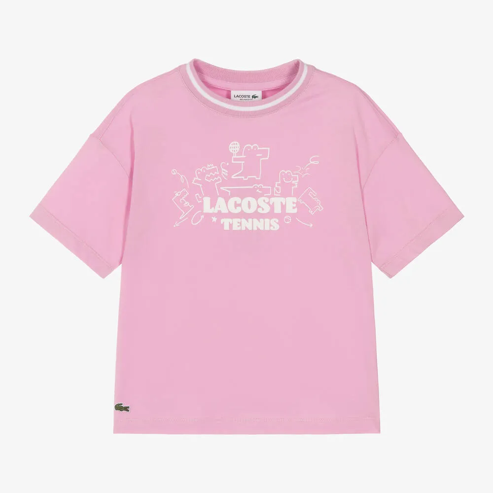 Girls Pink Cotton Tennis Crocodile T-Shirt