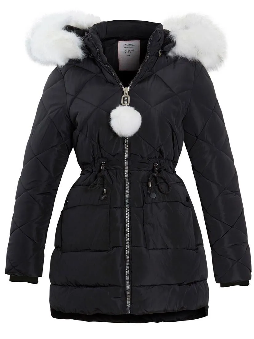 Girls Quilted Parka Coat with Luxurious Faux Fur, Pink, Black, Ages 3 - 14 Years