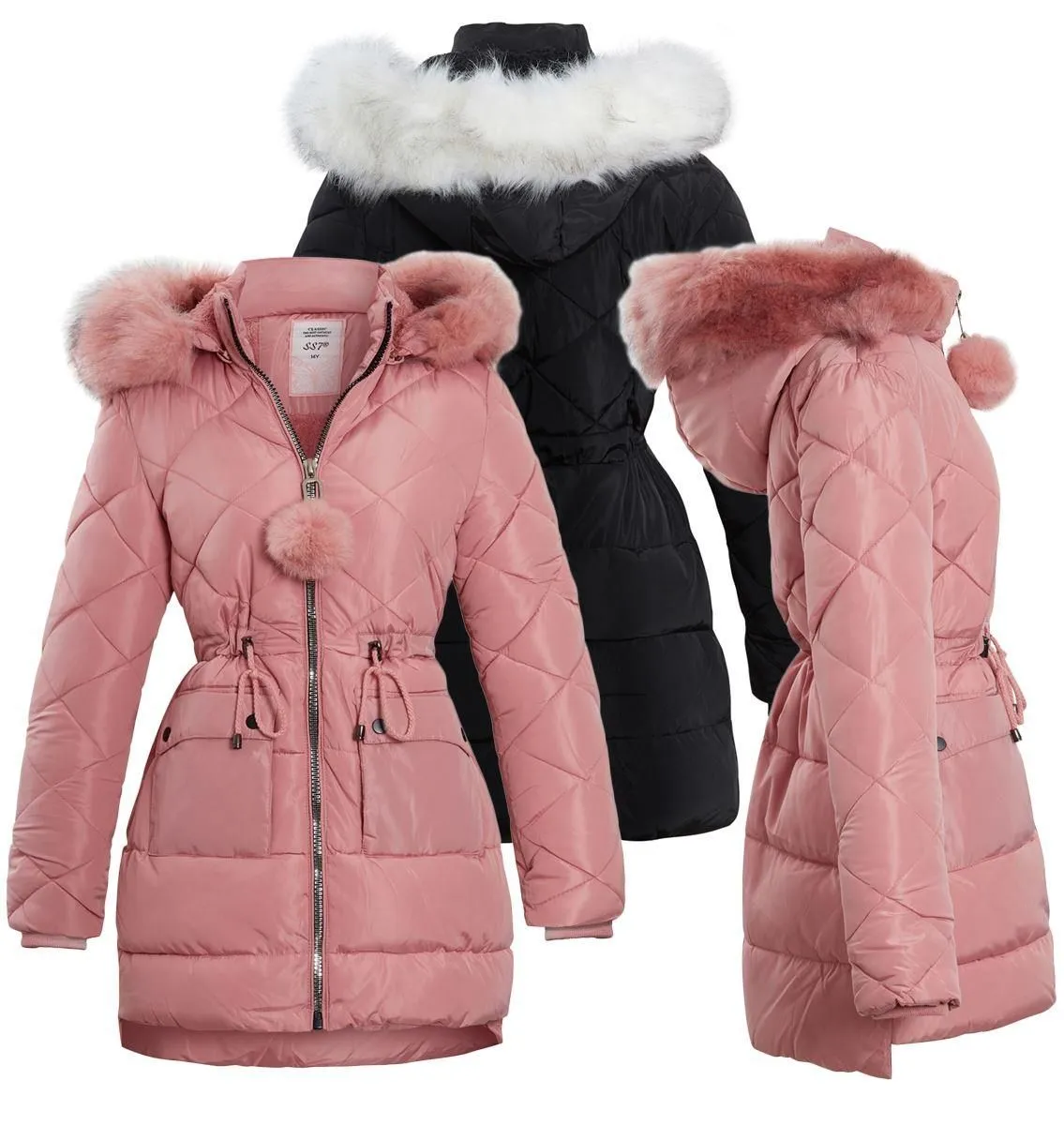 Girls Quilted Parka Coat with Luxurious Faux Fur, Pink, Black, Ages 3 - 14 Years