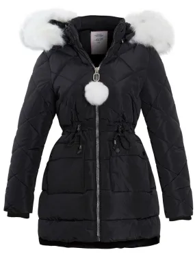 Girls Quilted Parka Coat with Luxurious Faux Fur, Pink, Black, Ages 3 - 14 Years