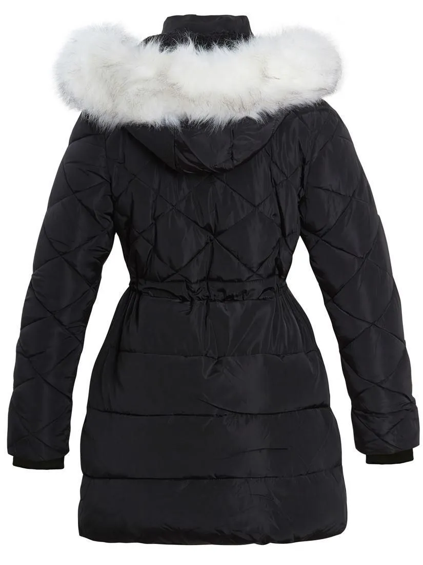 Girls Quilted Parka Coat with Luxurious Faux Fur, Pink, Black, Ages 3 - 14 Years