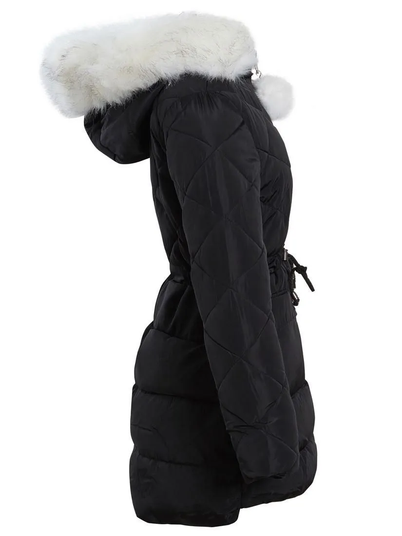 Girls Quilted Parka Coat with Luxurious Faux Fur, Pink, Black, Ages 3 - 14 Years