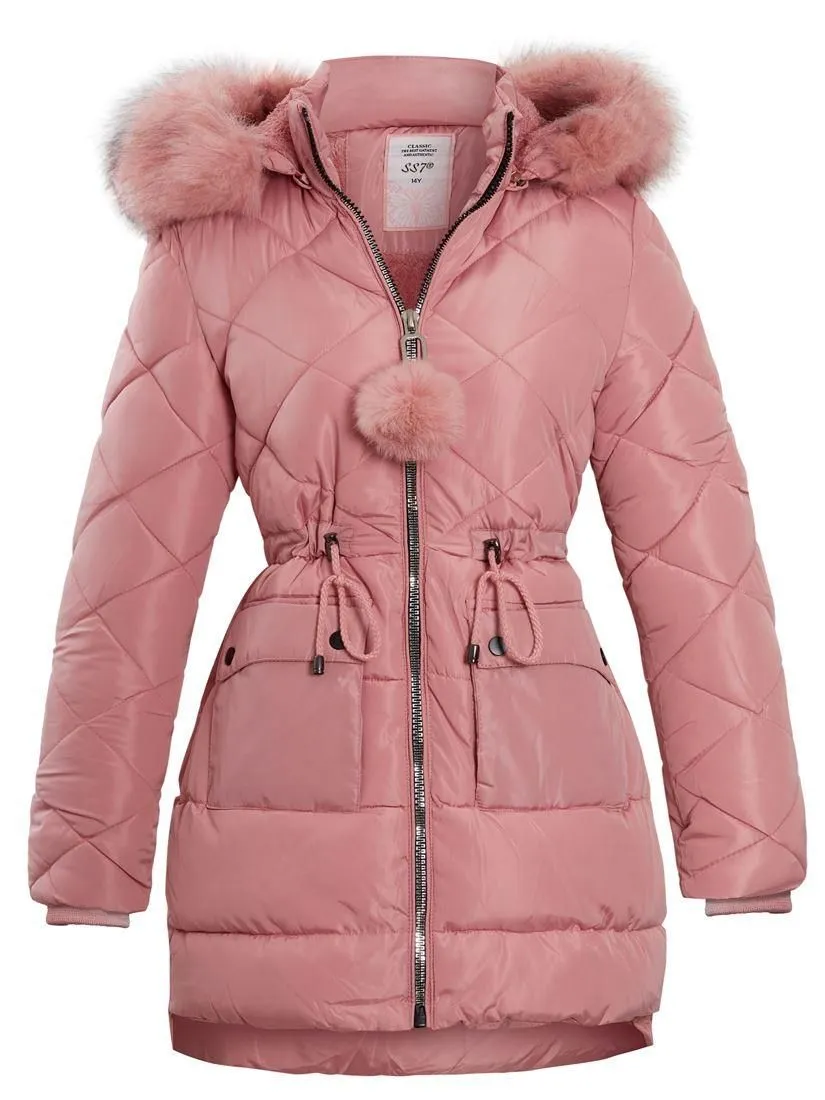 Girls Quilted Parka Coat with Luxurious Faux Fur, Pink, Black, Ages 3 - 14 Years