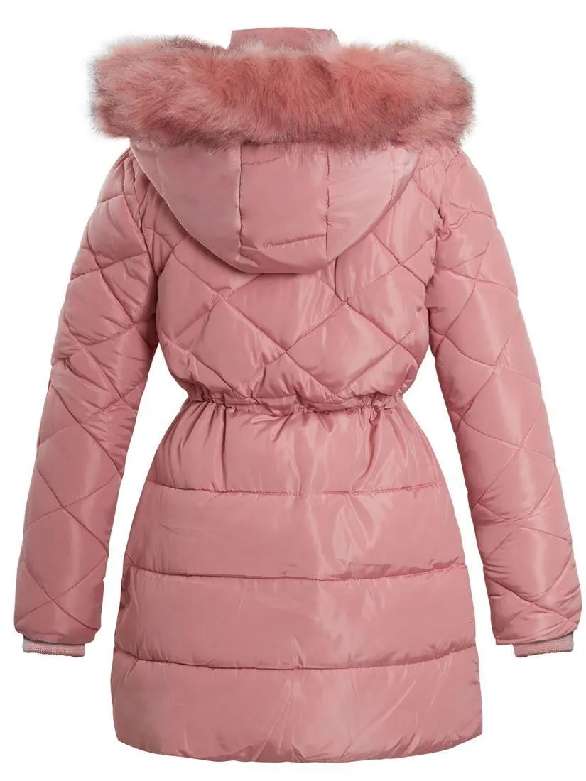 Girls Quilted Parka Coat with Luxurious Faux Fur, Pink, Black, Ages 3 - 14 Years