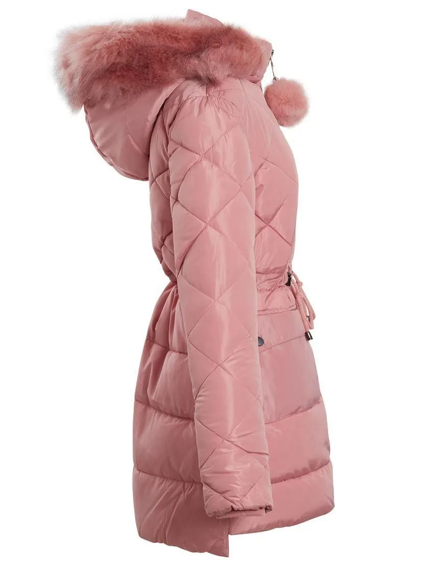 Girls Quilted Parka Coat with Luxurious Faux Fur, Pink, Black, Ages 3 - 14 Years