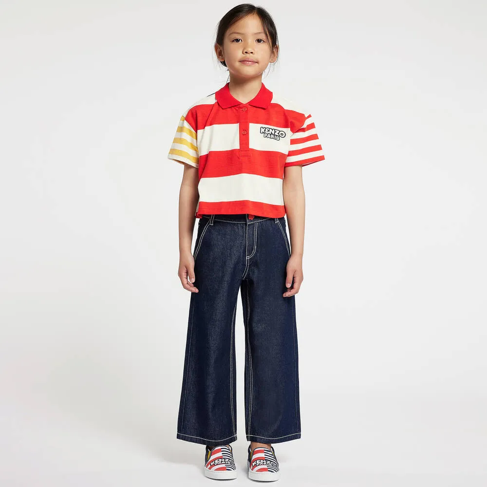 Girls Red & Ivory Stripe Cotton Polo Shirt