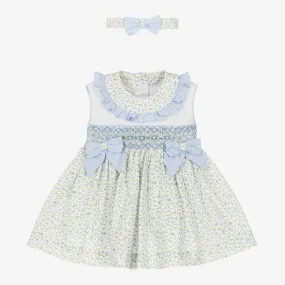 Girls White & Blue Cotton Smocked Dress Set