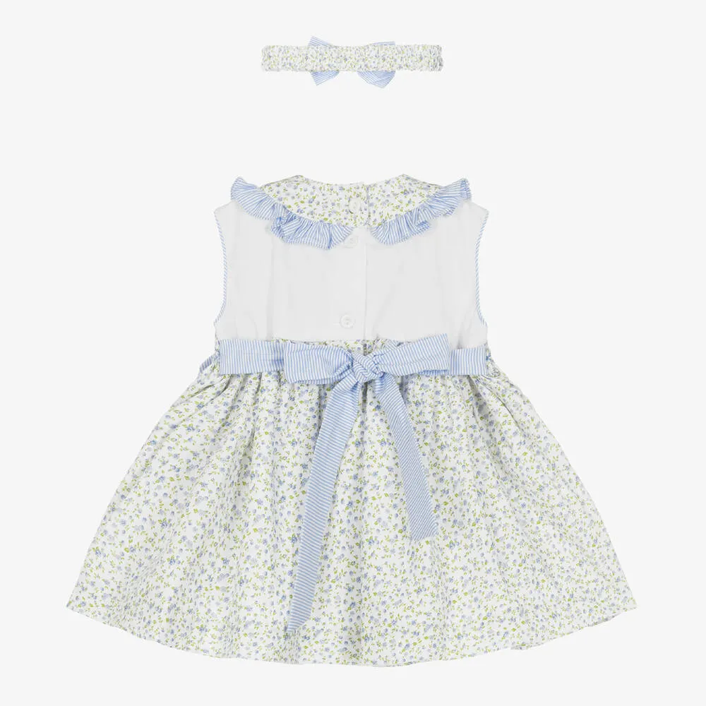 Girls White & Blue Cotton Smocked Dress Set