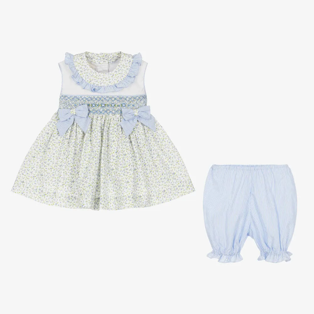 Girls White & Blue Cotton Smocked Dress Set