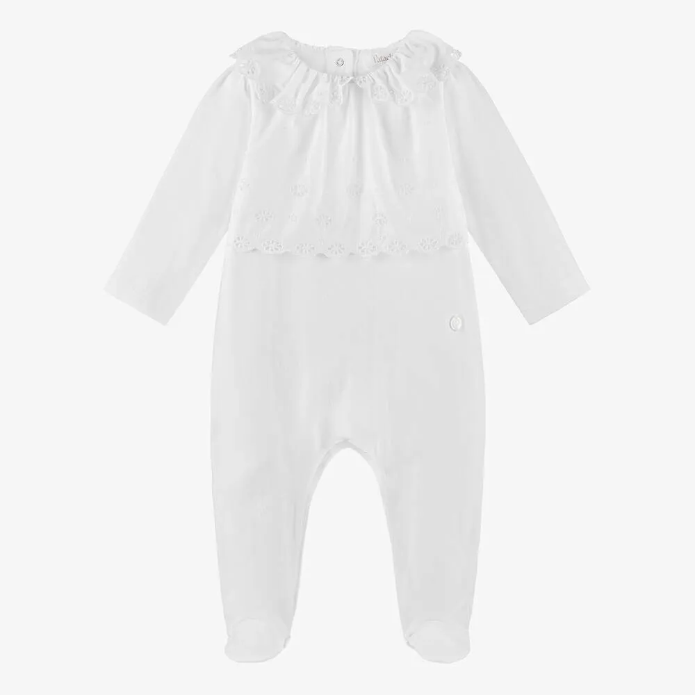 Girls White Cotton Jersey & Broderie Babygrow