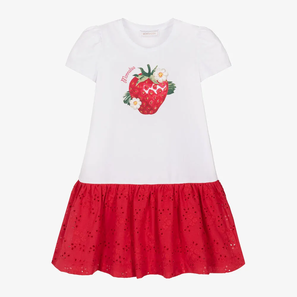 Girls White Cotton Strawberry Dress