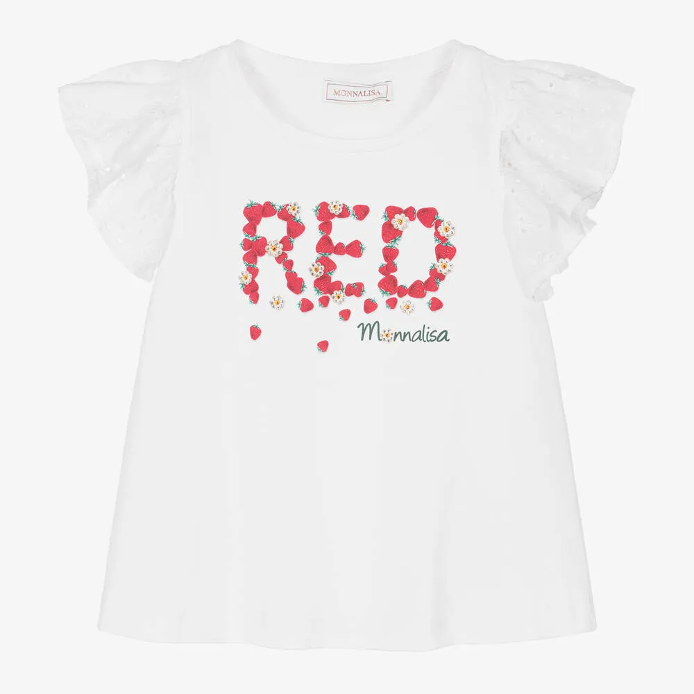 Girls White Cotton Strawberry T-Shirt