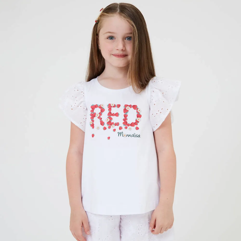 Girls White Cotton Strawberry T-Shirt