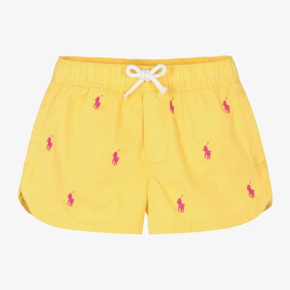 Girls Yellow Cotton Pony Logo Shorts