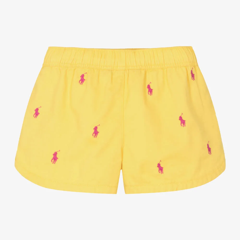 Girls Yellow Cotton Pony Logo Shorts