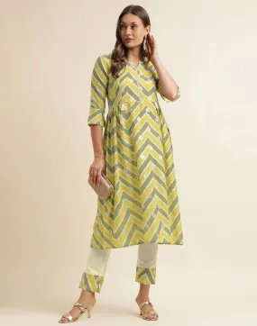 Green Printed Cotton A-Line Kurta With Pant